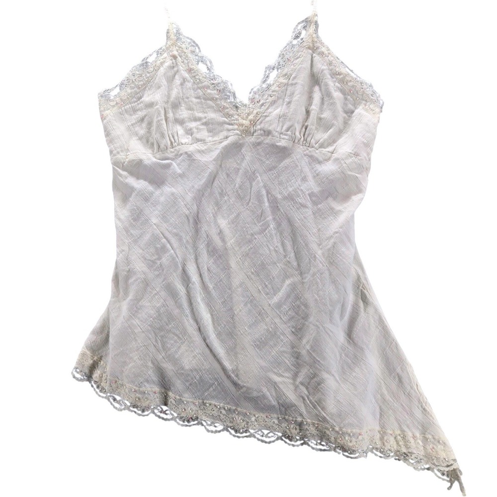 Y2K M.K.M Designs Camisole Beaded XL White Lace Trim Asymmetrical Surf Boho Top
